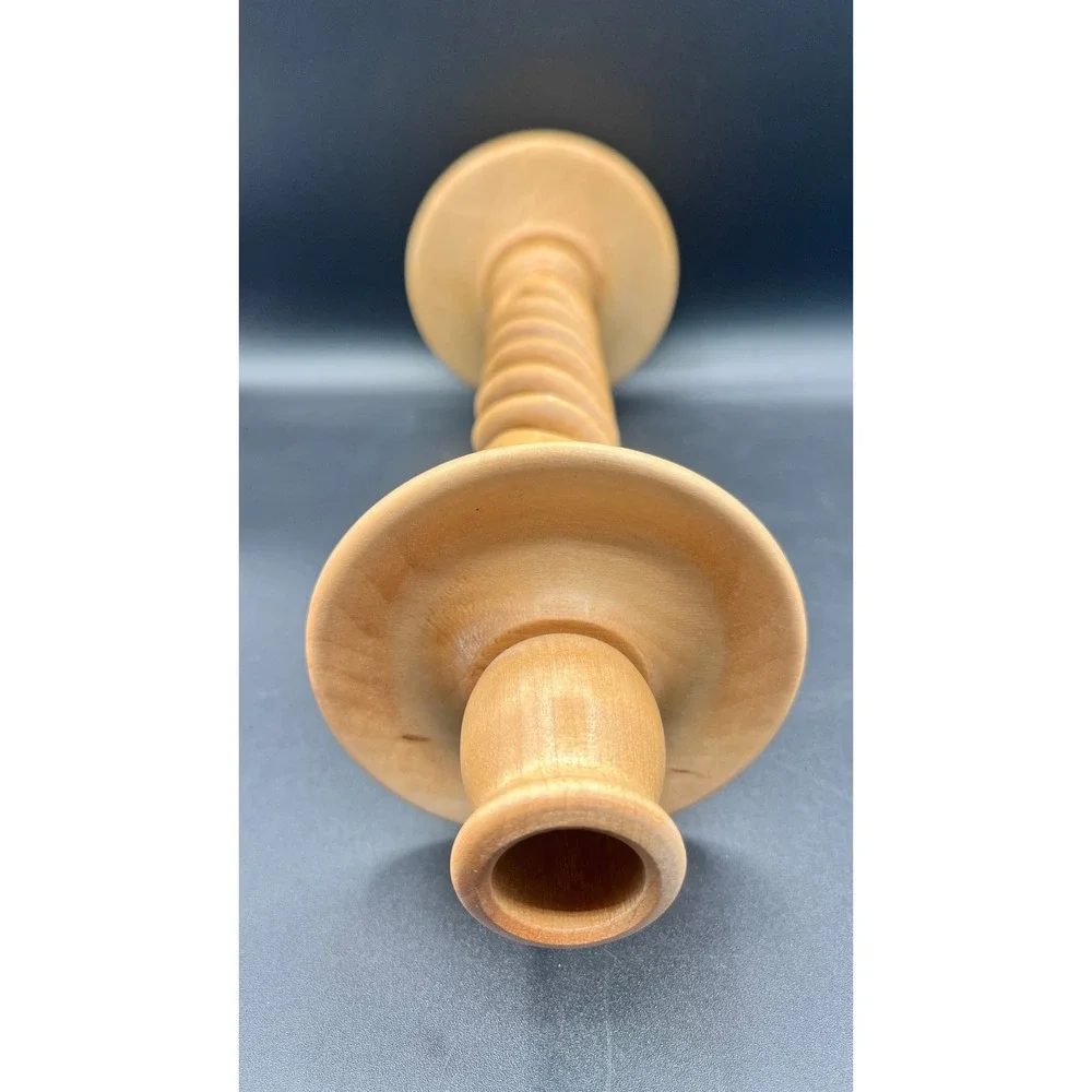 Vtg‎ Hand Turned Wood Barley Twist Candlestick Holder Open Spiral Signed 13